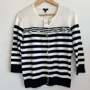 Talbots Black White Striped Button Up Cardigan Sweater w/Ruffle Chest Size Small